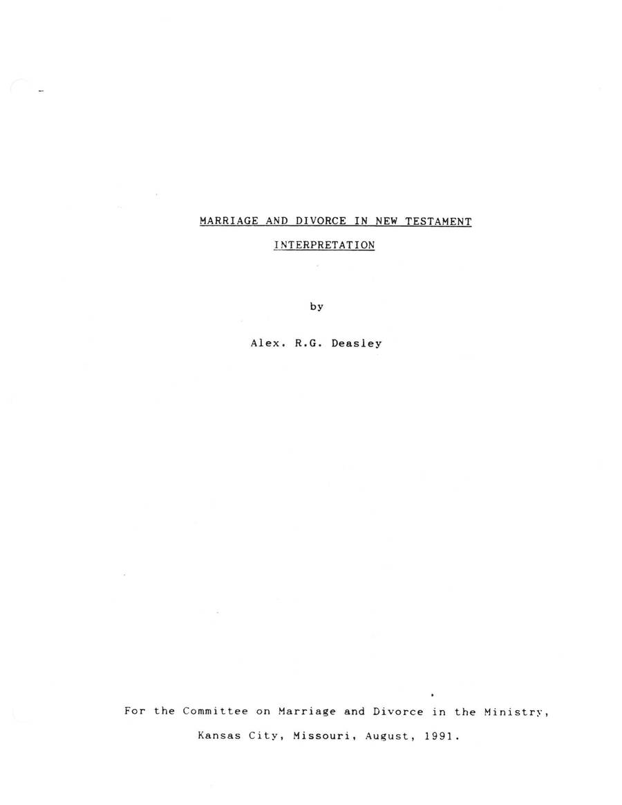 Title page of Deasley's 1991 paper, Marriage and Divorce in New Testament Interpretation