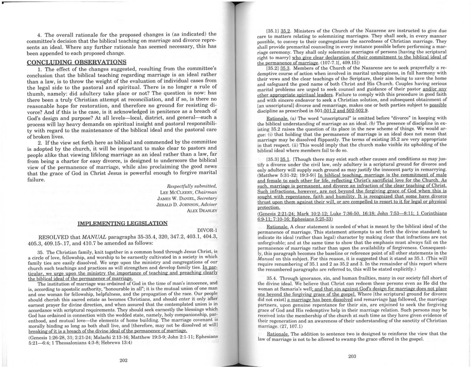 Report pages 202–203, with the committee's signatures and new baseline paragraph